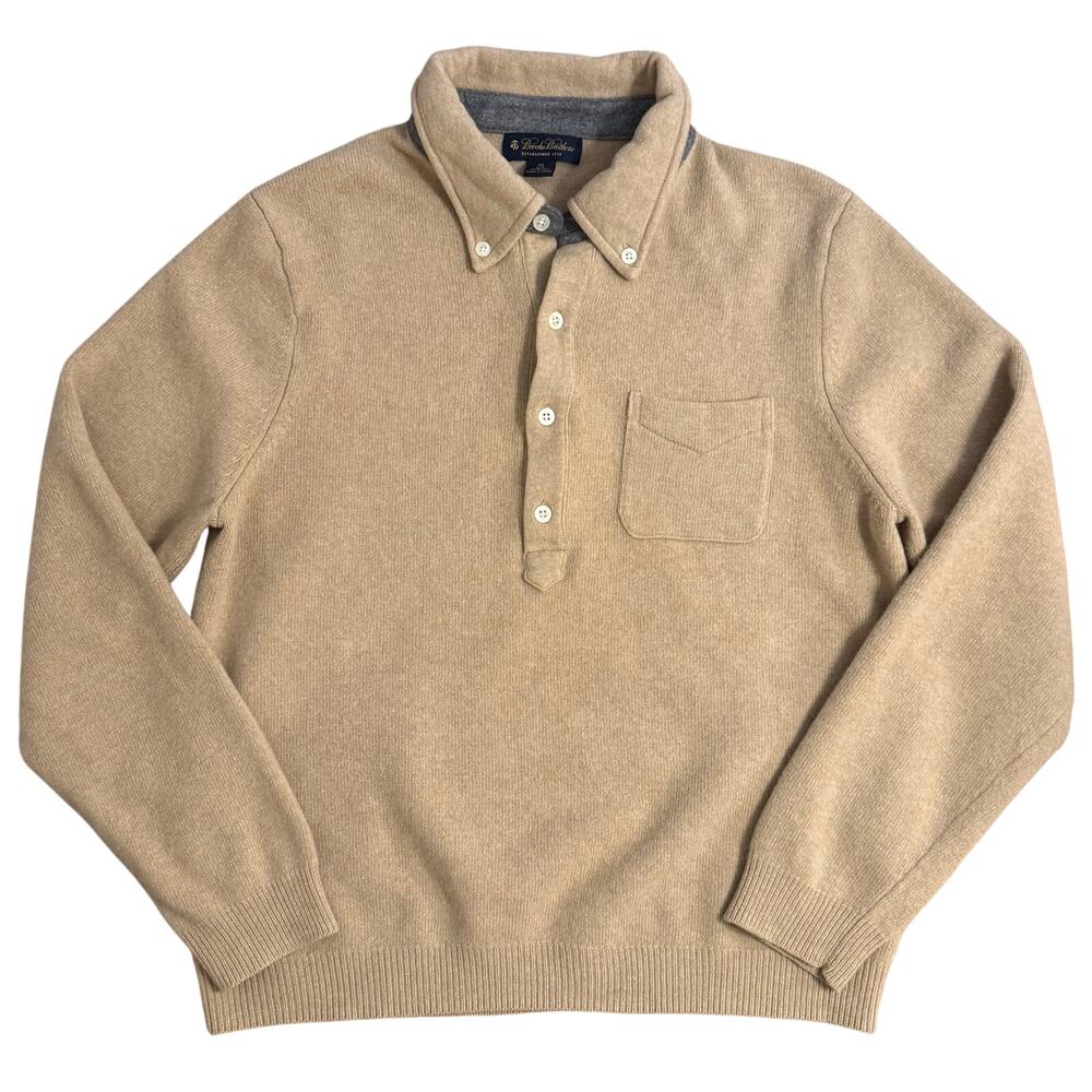 Brooks Brothers Sweater 100% Lambswool Collared Pullover Pocket Tan Men's XL